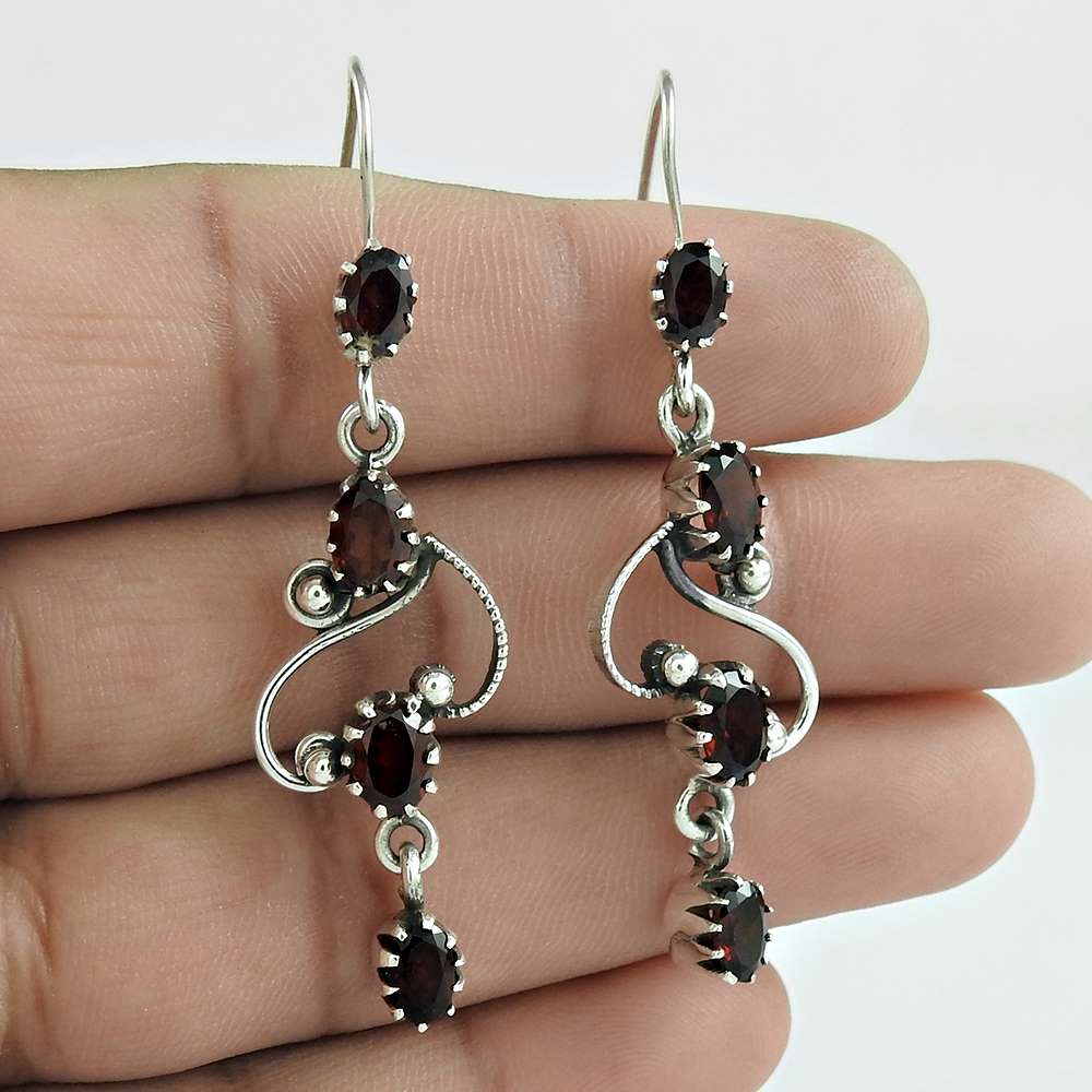 Natural Garnet Gemstone Dangle Tribal Red Earrings 925 Sterling Silver T55