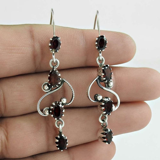 Natural Garnet Gemstone Dangle Tribal Red Earrings 925 Sterling Silver T55
