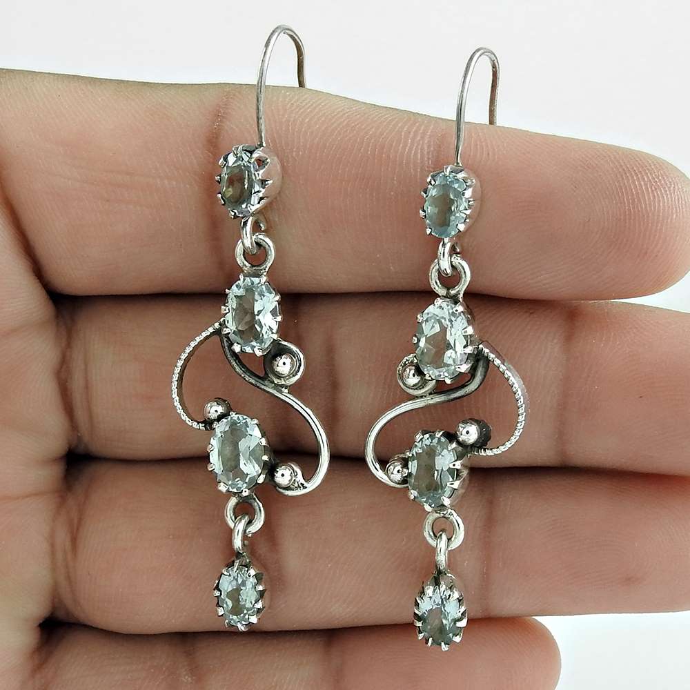 Gift For Her 925 Silver Natural Blue Topaz Dangle Tribal Earrings U55