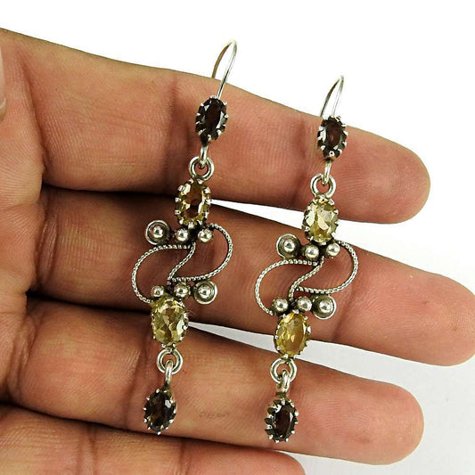 Natural Citrine Gemstone Dangle Tribal Yellow Earrings 925 Silver Y55