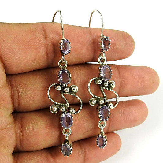 Natural Amethyst Gemstone Dangle Boho Purple Earrings 925 Silver A56