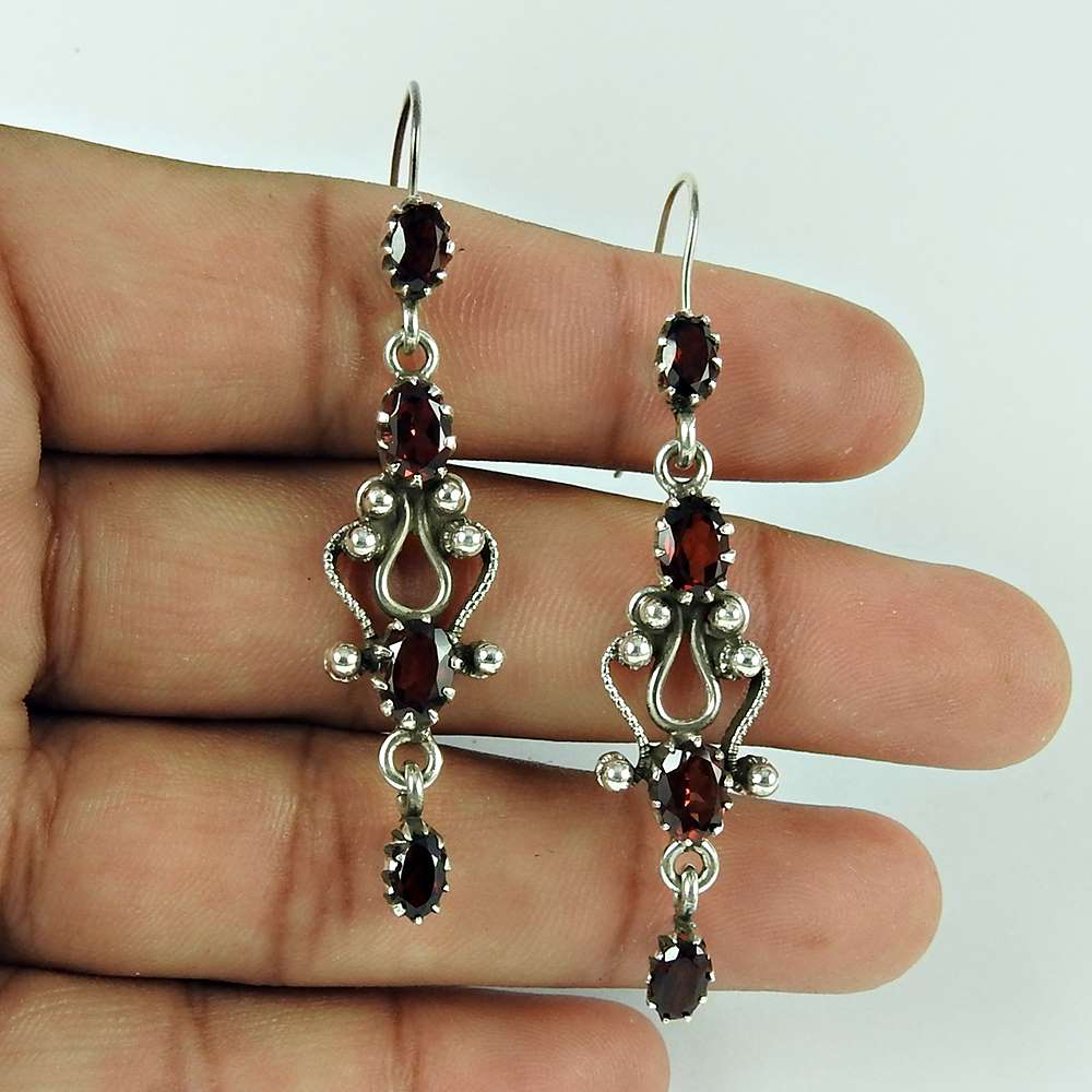 Wedding Gift For Her 925 Silver Natural Garnet Dangle Tribal Earrings B56