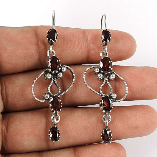 Gift For Women Dangle Tribal Earrings 925 Silver Natural Garnet D56