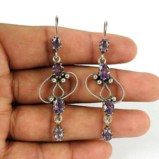 Natural Amethyst Gemstone Dangle Vintage Earrings 925 Sterling Silver E56