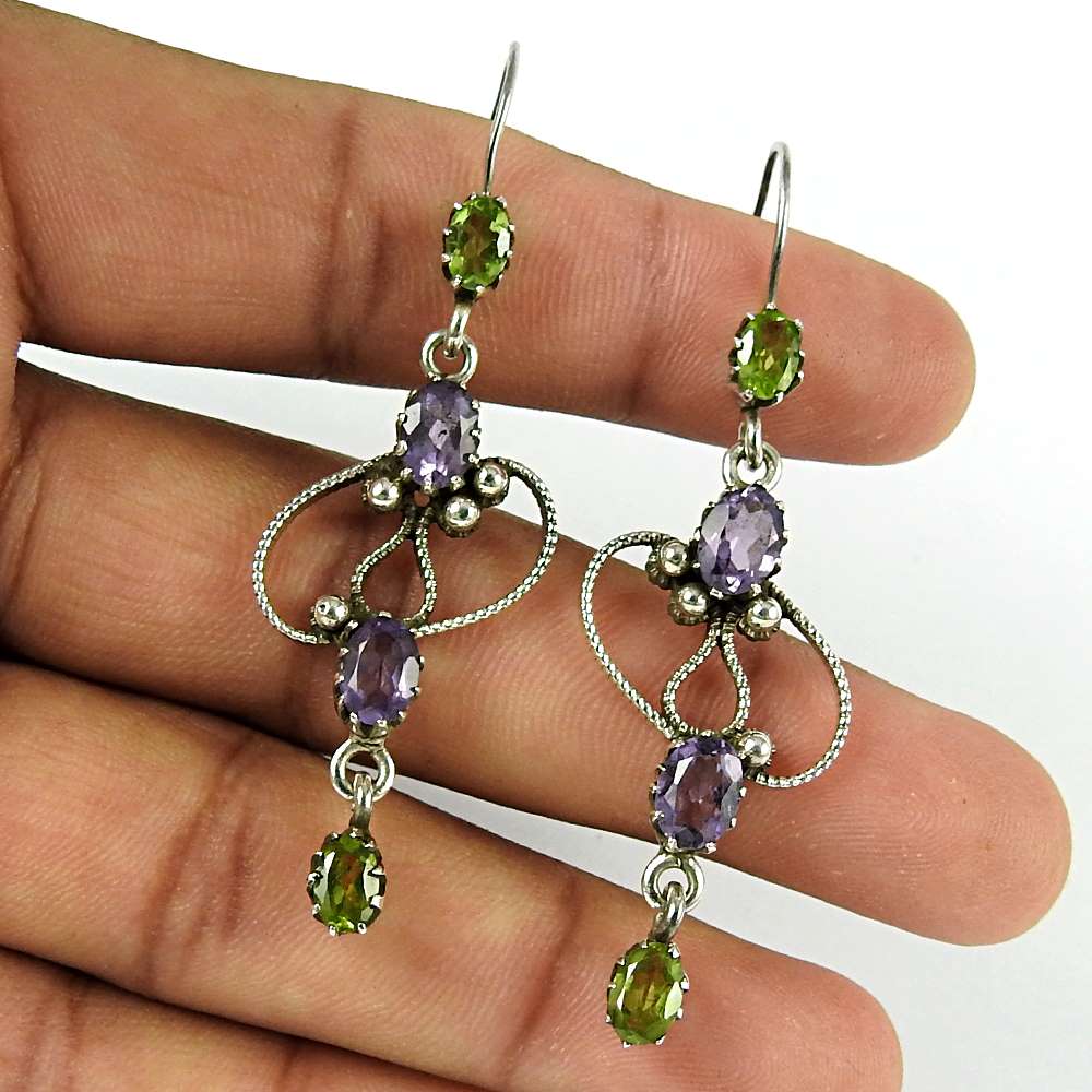 Gift For Her 925 Silver Natural Peridot Gemstone Dangle Ethnic Earrings G56