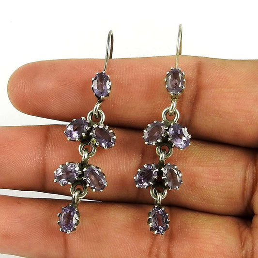 Natural Amethyst Gemstone Dangle Tribal Earrings 925 Silver For Girls J56