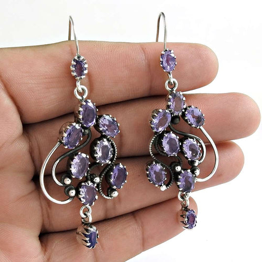 Gift For Women Dangle Tribal Earrings 925 Silver Natural Amethyst L56