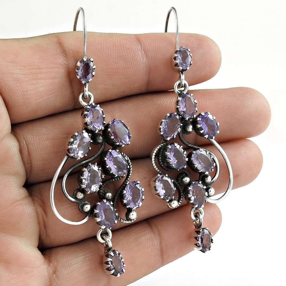 Natural Amethyst Gemstone Dangle Ethnic Earrings 925 Silver For Women M56