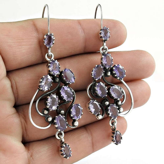 Natural Amethyst Gemstone Dangle Ethnic Earrings 925 Silver For Women M56