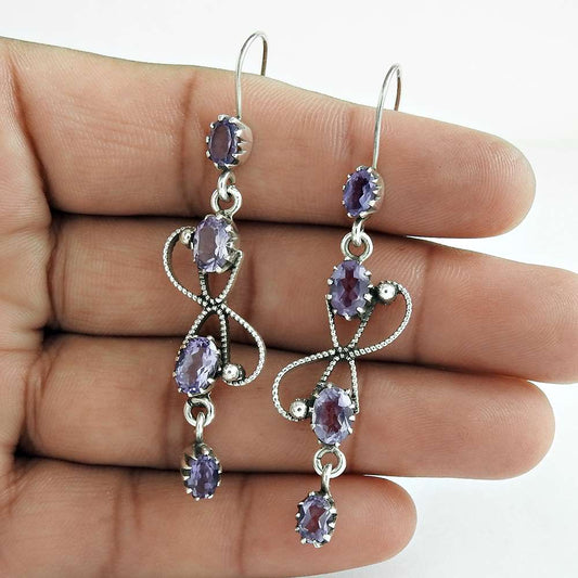 Gift For Her Natural Amethyst Dangle Tribal Earrings 925 Silver R56
