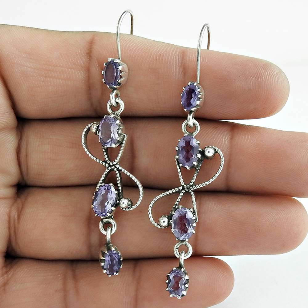 Natural Amethyst Gemstone Dangle Bohemian Earrings 925 Sterling Silver S56