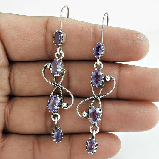 Natural Amethyst Gemstone Dangle Bohemian Earrings 925 Sterling Silver S56