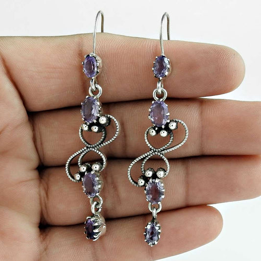 Natural Amethyst Gemstone 925 Silver Dangle Ethnic Earrings For Women U56
