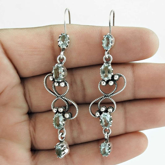 Natural Topaz Gemstone Dangle Bohemian Aqua Earrings 925 Silver V56