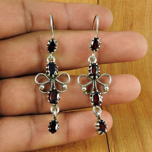 Gift For Women Dangle Tribal Earrings 925 Silver Natural Garnet X56