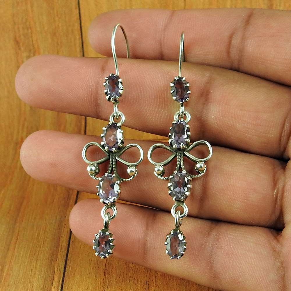 Wedding Gift For Her 925 Silver Natural Amethyst Dangle Ethnic Earrings A57