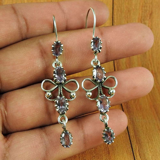 Natural Amethyst Gemstone Dangle Boho Earrings 925 Silver For Women B57