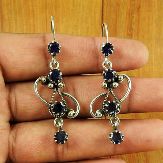 Natural Iolite Gemstone Dangle Vintage Earrings 925 Silver For Girls C57