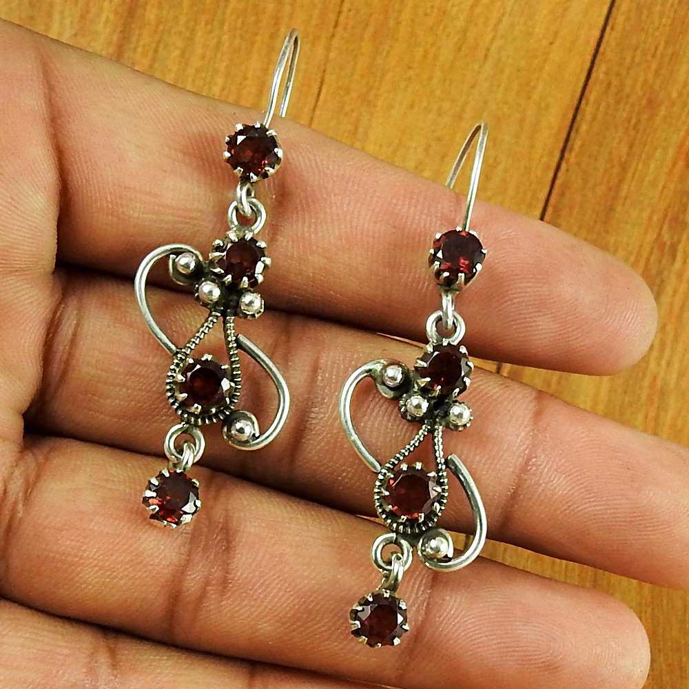 Natural Garnet Gemstone Dangle Bohemian Earrings 925 Sterling Silver D57
