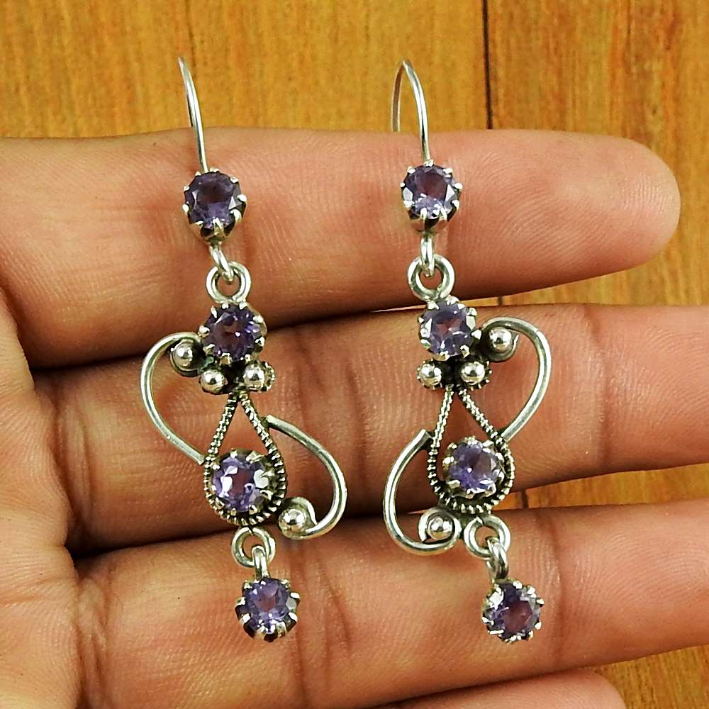 Natural Amethyst Gemstone Dangle Dangle Earrings 925 Silver For Girls Z4