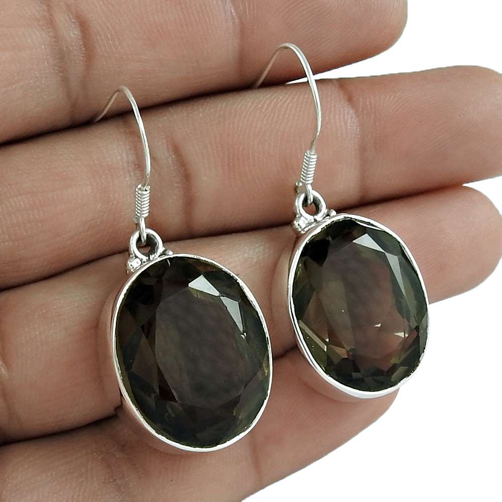 Gift For Her Natural Smoky Quartz Dangle Ethnic Earrings 925 Silver O57