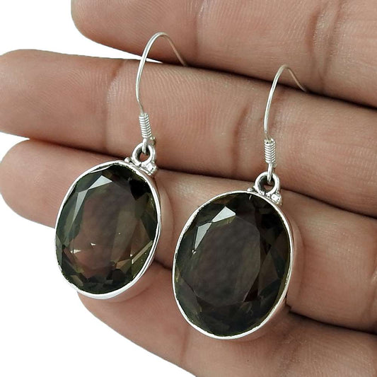 Natural Smoky Quartz Dangle Tribal Earrings 925 Silver For Girls P57