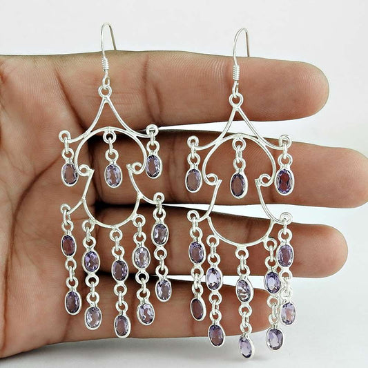 Natural Amethyst Gemstone Dangle Tribal Earrings 925 Silver For Girls S57
