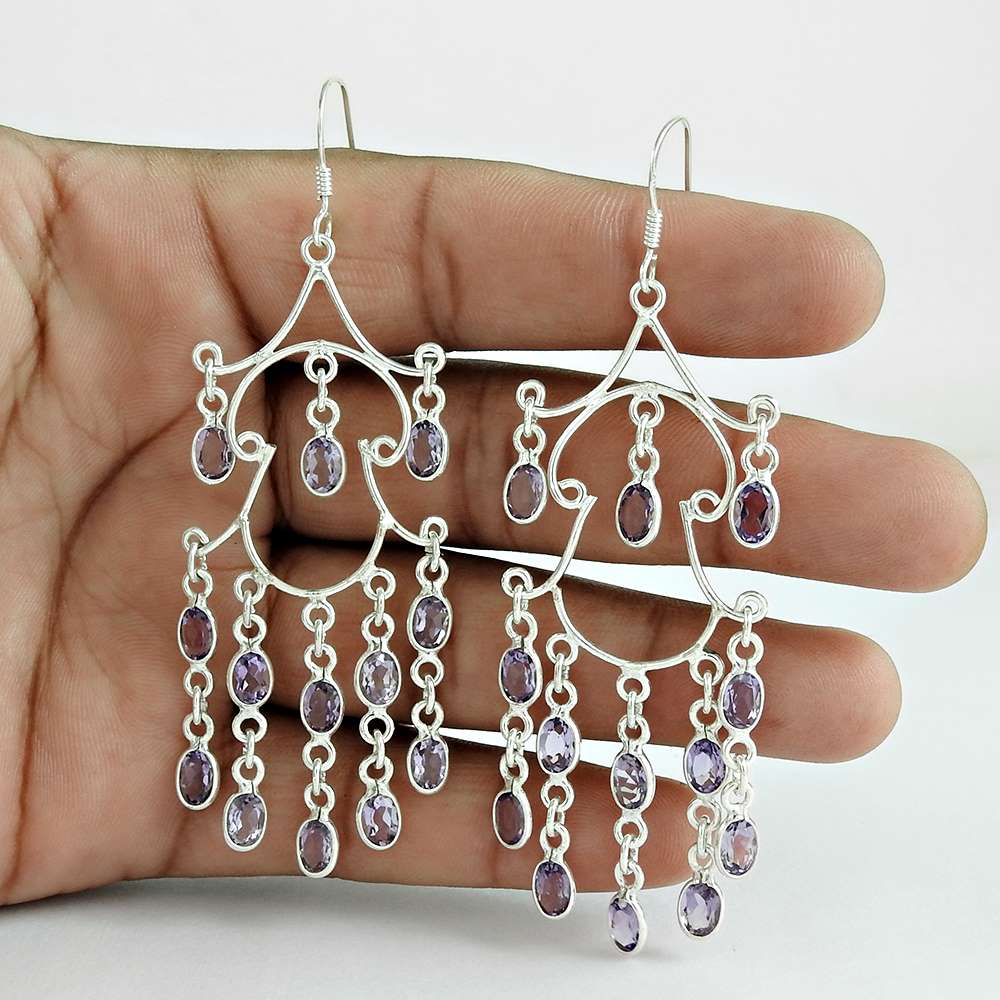 Natural Amethyst Gemstone 925 Silver Dangle Boho Earrings For Girls T57