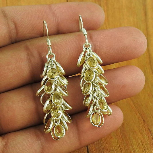 Gift For Her 925 Silver Natural Citrine Gemstone Dangle Dangle Earrings A5