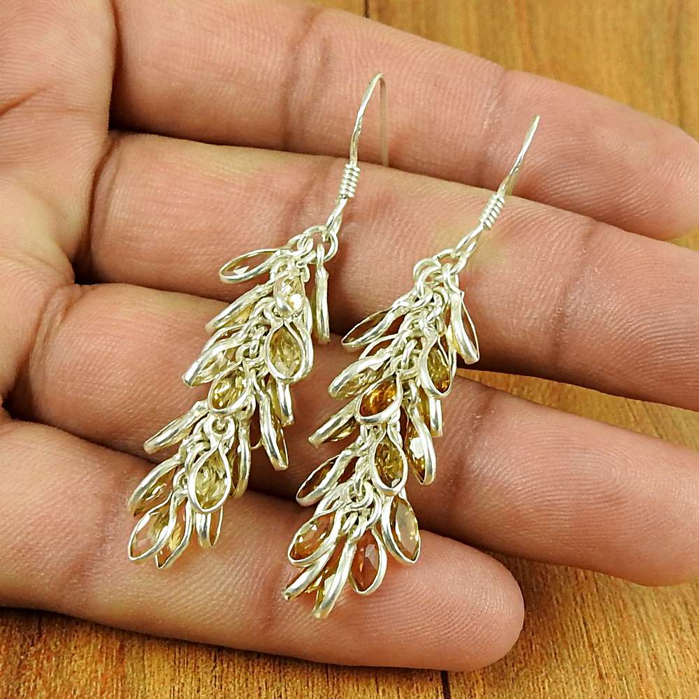 Natural Citrine Gemstone 925 Silver Dangle Boho Earrings For Women A58