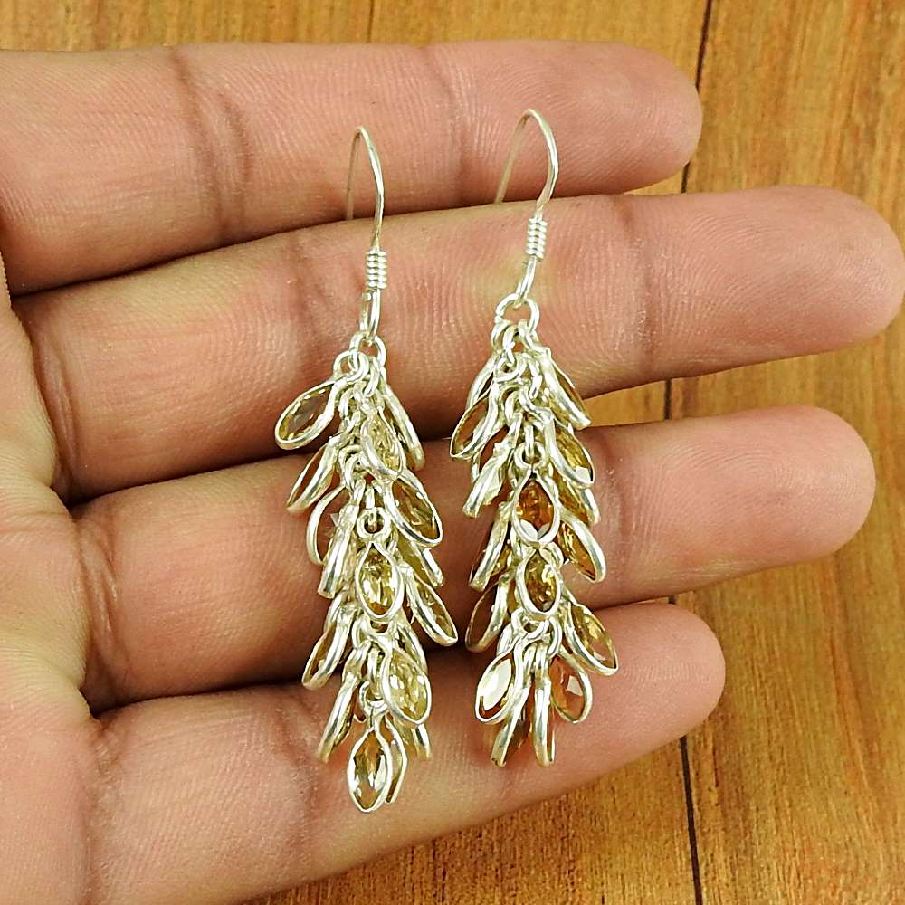 Natural Citrine Gemstone Dangle Vintage Earrings 925 Silver For Women C58