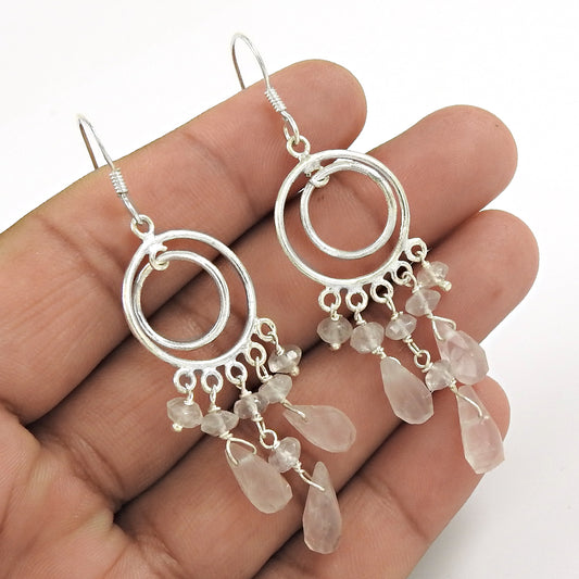 Natural Rose Quartz Gemstone Earrings 925 Sterling Silver Christmas Gift F9