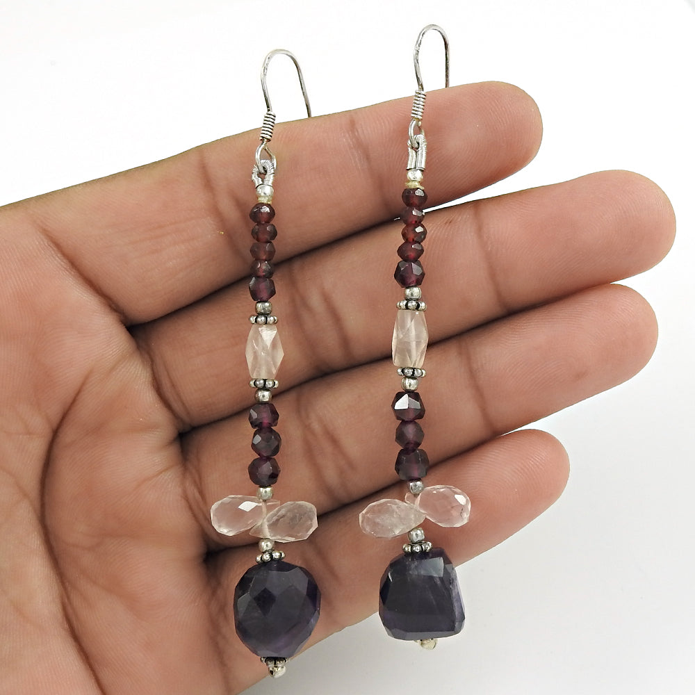 Natural Amethyst Gemstone Drop/Dangle Ethnic Purple Earrings 925 Silver B18