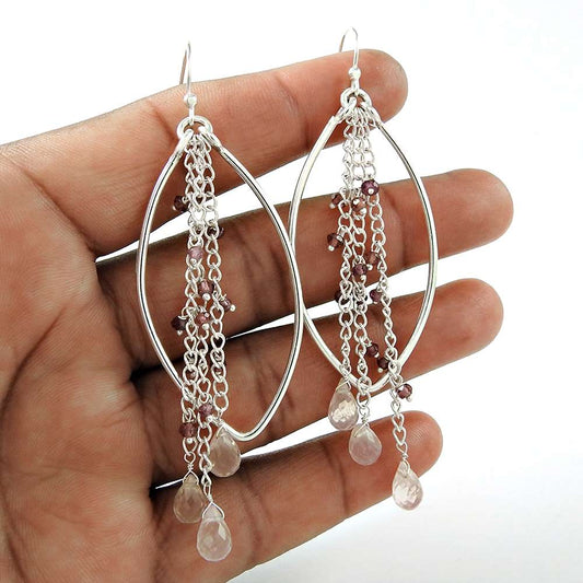 Fashion 925 Sterling Silver Rose Quartz Garnet Beaded Gemstone Earring Antique Jewellery