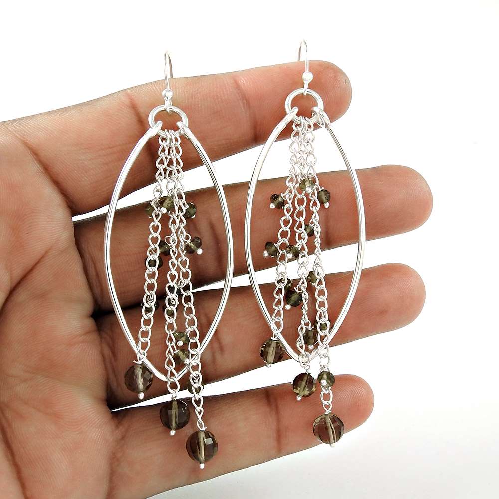 Designer 925 Sterling Silver Smoky Quartz Beaded Gemstone Earring Traditional Jewellery