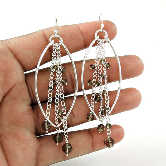 Designer 925 Sterling Silver Smoky Quartz Beaded Gemstone Earring Traditional Jewellery