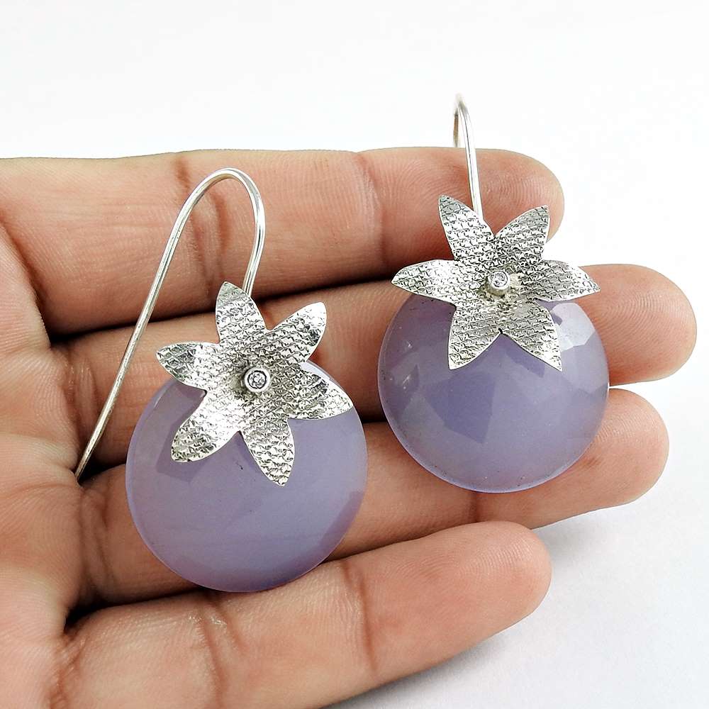 Gift For Her Natural Chalcedony Dangle Boho Earrings 925 Silver J58