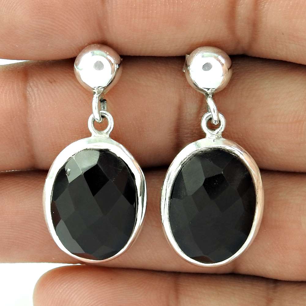 Gift For Her Natural Black Onyx Dangle Bohemian Earrings 925 Silver Q2