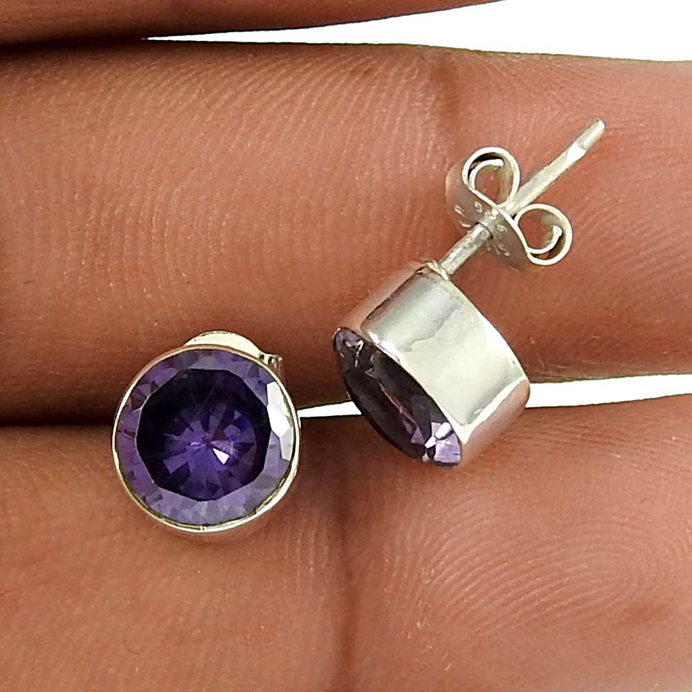 Gift For Her 925 Silver Natural Amethyst Gemstone Stud Vintage Earrings X58
