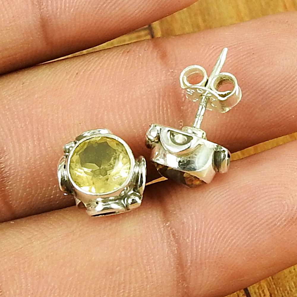 Natural Citrine Gemstone Stud Bohemian Yellow Earrings 925 Sterling Silver D59