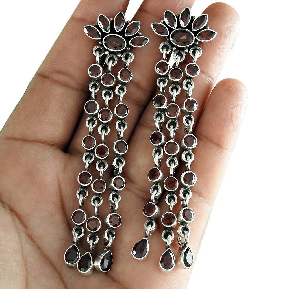 Woman Gift Natural Garnet Dangle Boho Earrings 925 Sterling Silver I4