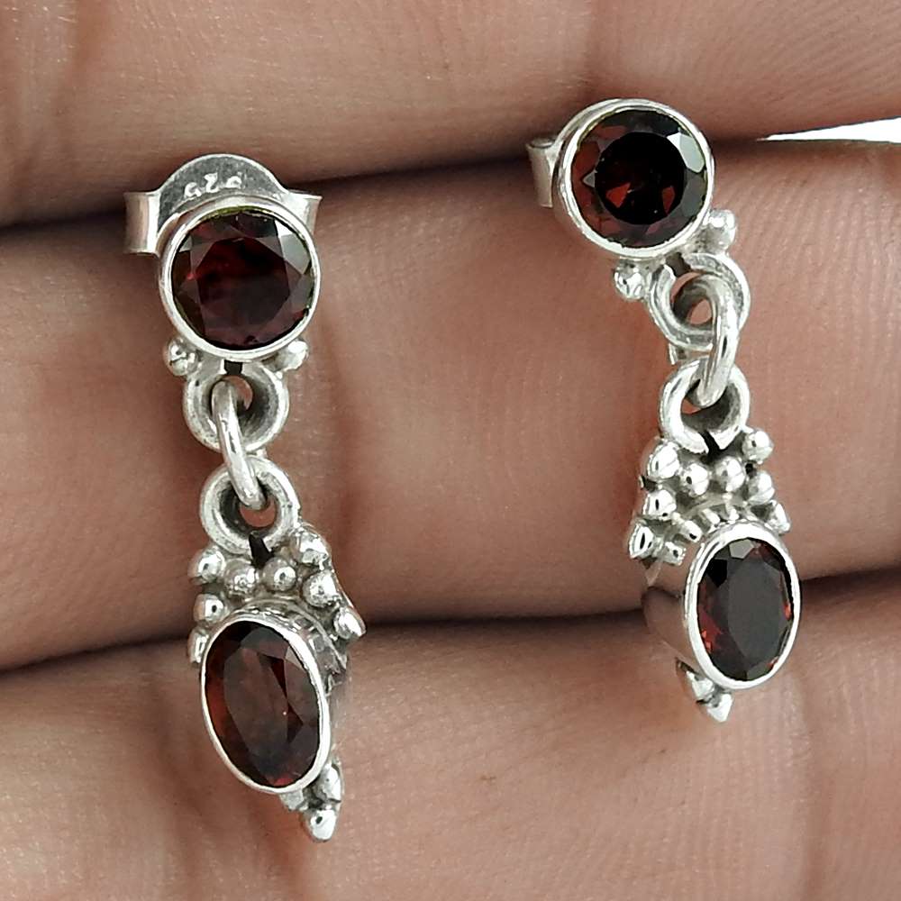 Natural Garnet Gemstone Dangle Ethnic Earrings 925 Silver For Girls G59