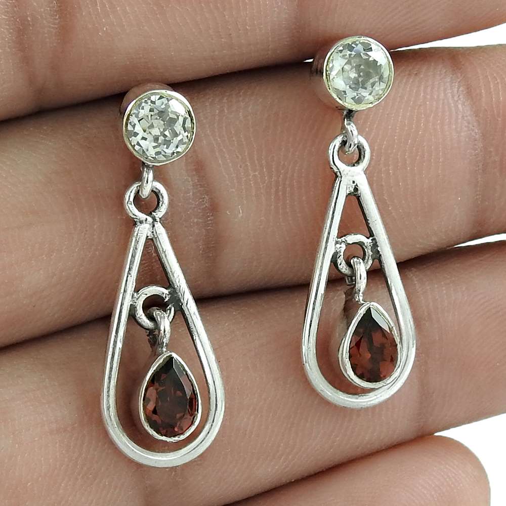 Natural Garnet Gemstone 925 Silver Dangle Boho Earrings For Women R2