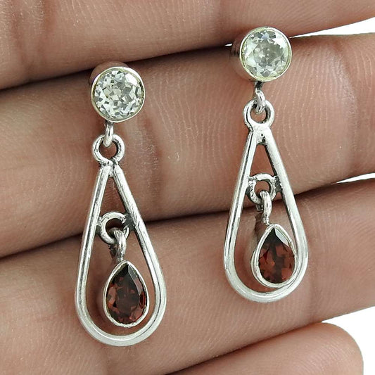Natural Garnet Gemstone 925 Silver Dangle Boho Earrings For Women R2