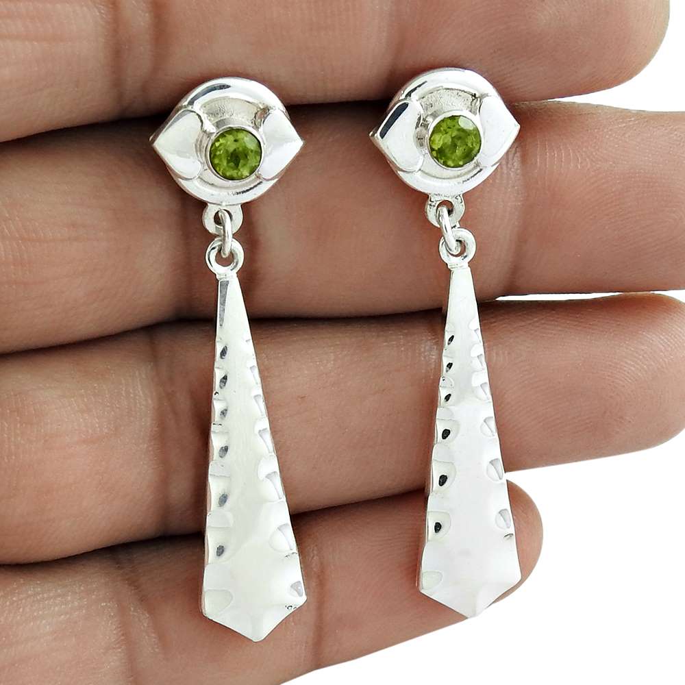 Natural Peridot Gemstone Dangle Vintage Green Earrings 925 Silver K59