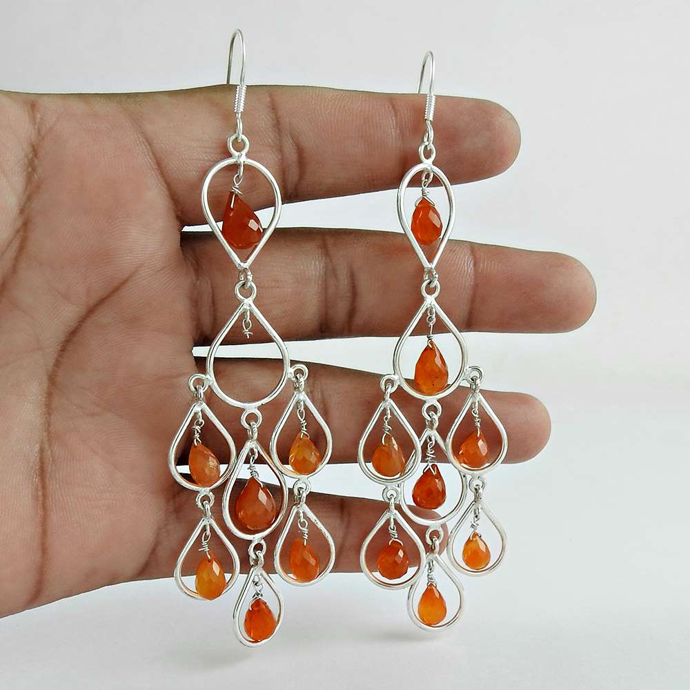 Natural Carnelian Gemstone 925 Silver Dangle Ethnic Earrings For Women N59