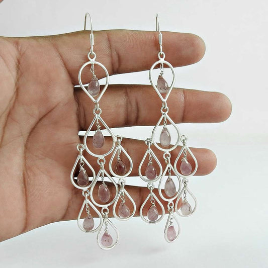 Natural Rose Quartz Gemstone Dangle Tribal Pink Earrings 925 Silver P59