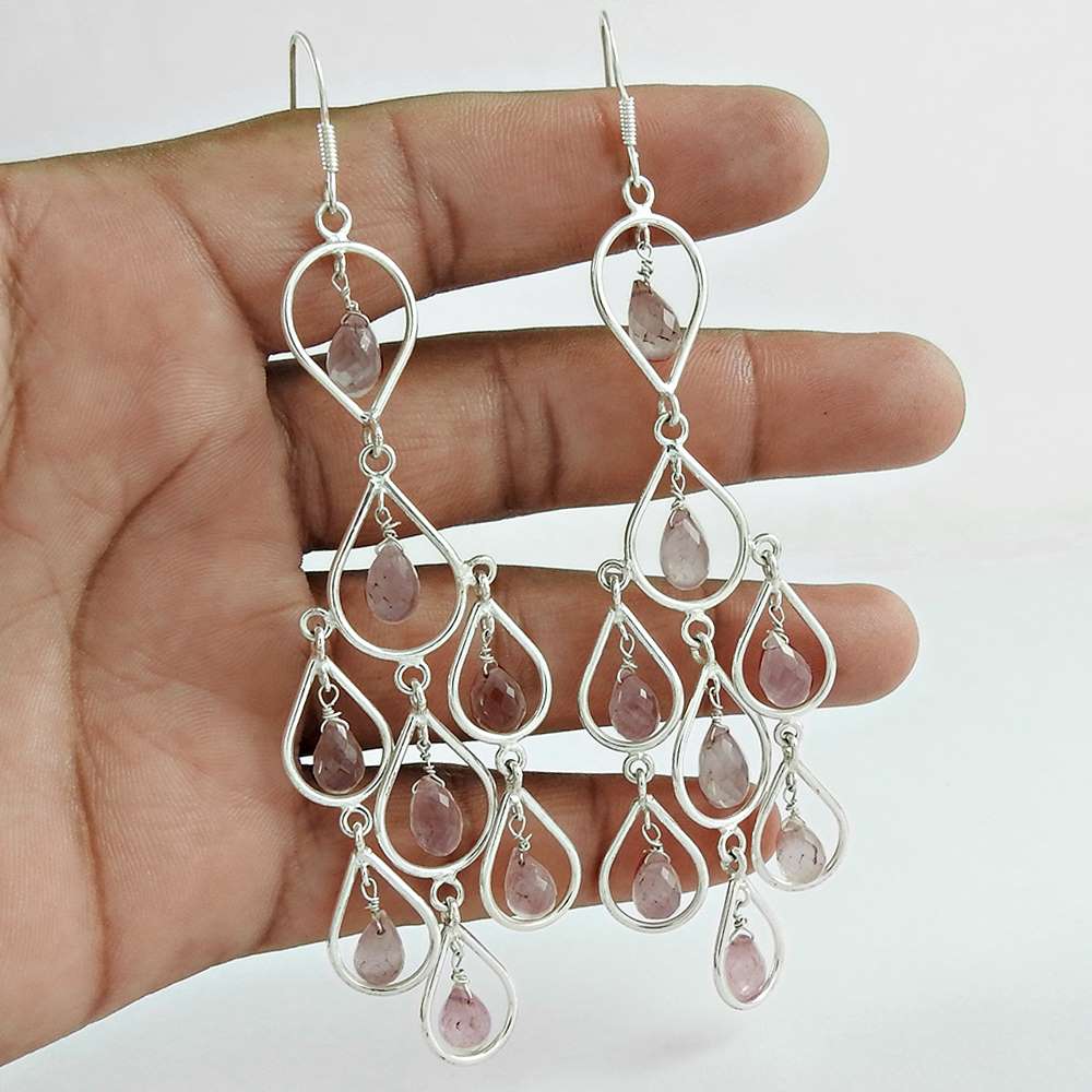 Natural Rose Quartz Gemstone Dangle Earrings 925 Silver For Girls F6