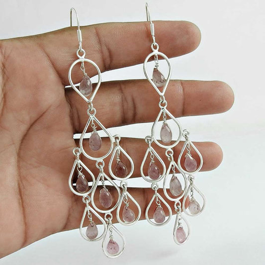 Natural Rose Quartz Gemstone Dangle Earrings 925 Silver For Girls F6