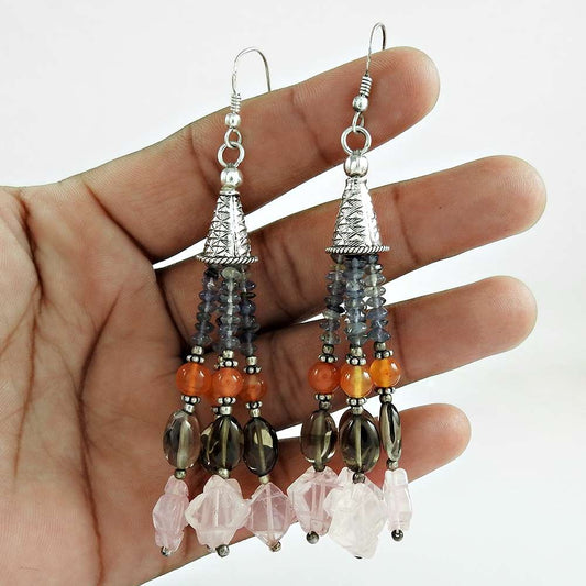 Gift For Her 925 Silver Natural Rose Quartz Dangle Vintage Earrings R59